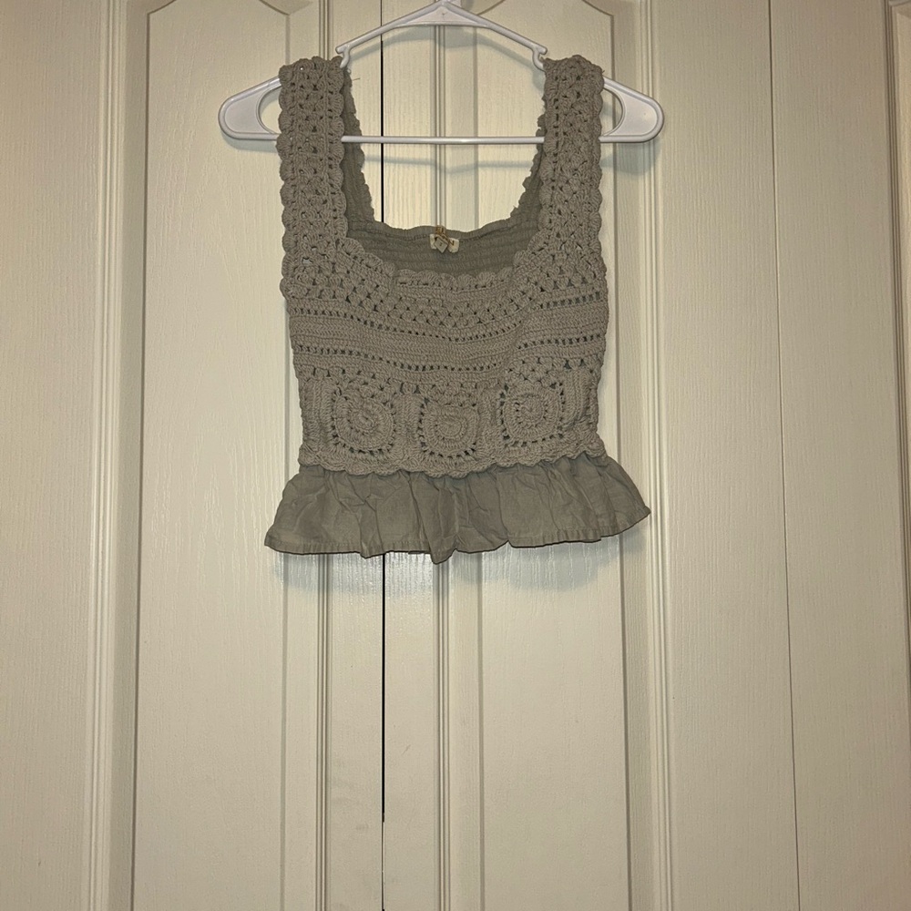 Rebellion Gray Cropped Crochet Peplum Tank Top